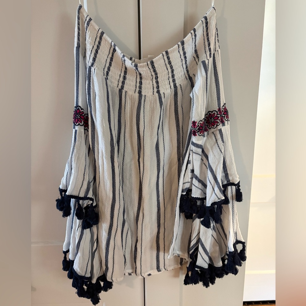 THML White Blouse with Navy Vertical Stripes